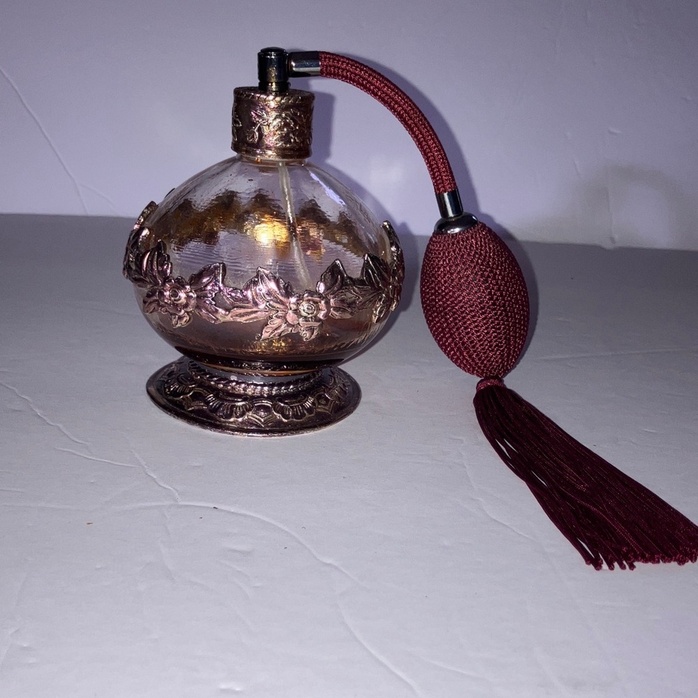 Vintage Perfume Atomizer with Metal Floral‎ Accents and Burgundy Tassel 5”